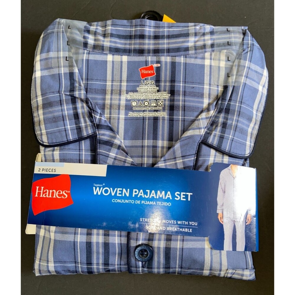 Hanes Men’s Woven Pajama Set Blue Plaid Long Sleeve Shirt and Pants Size Large